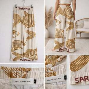 Nice To Meet You Sardines Print Wide Leg Linen Pants Size L